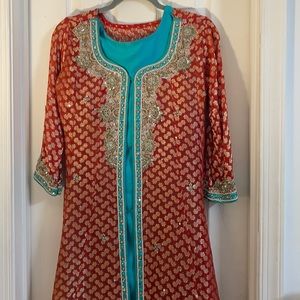 Red And turquoise Pakistani shalwar kamis with dupatta